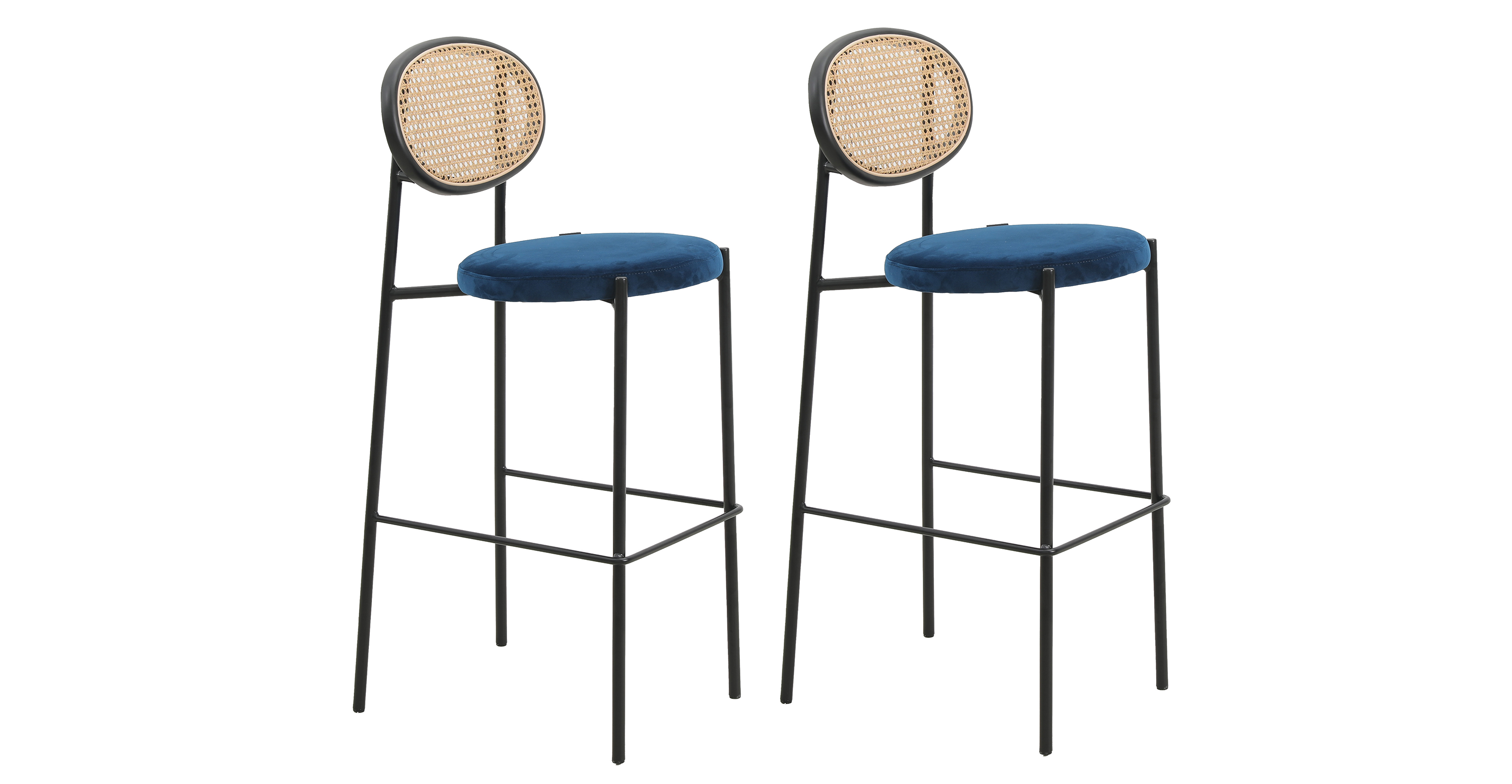 Euston Wicker Bar Stool with Black Powder Coated Steel Frame and Footrest Navy Blue