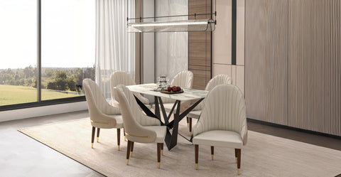 Elara Leather Dining Chair with Elegant Ripple Back and Gold Accents in Rubberwood Cream