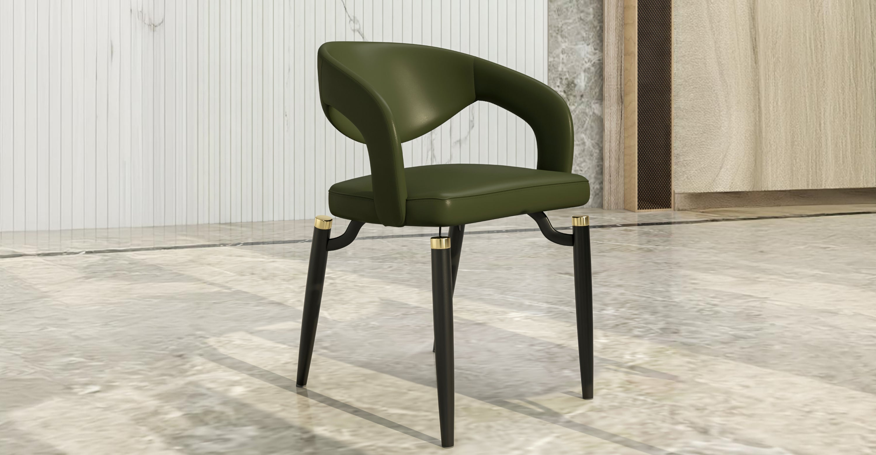 Entice Dining Chairs Upholstered Leather Seat and Curved Back in Black Iron Legs Green