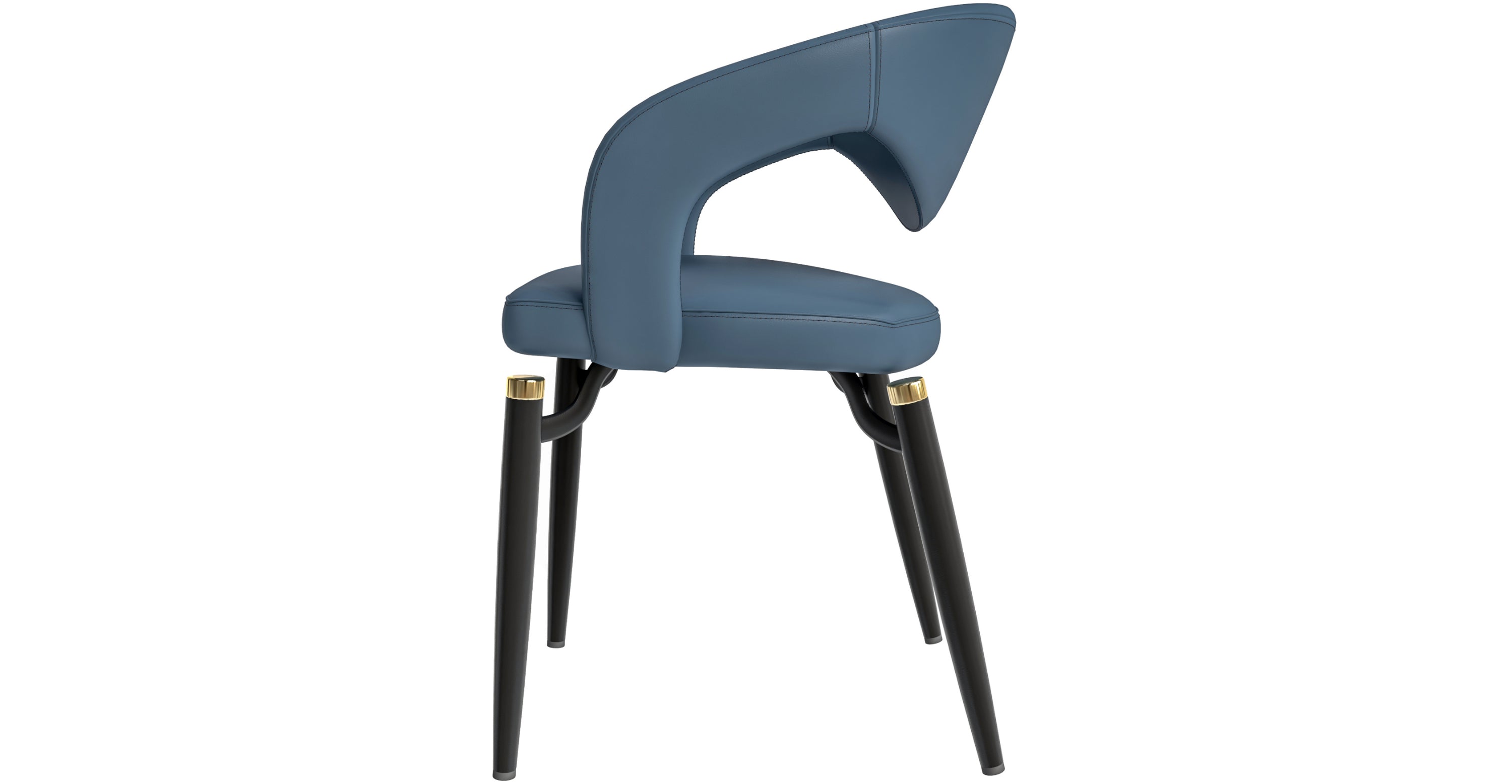 Entice Dining Chairs Upholstered Leather Seat and Curved Back in Black Iron Legs Blue