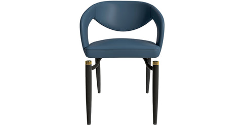 Entice Dining Chairs Upholstered Leather Seat and Curved Back in Black Iron Legs Blue