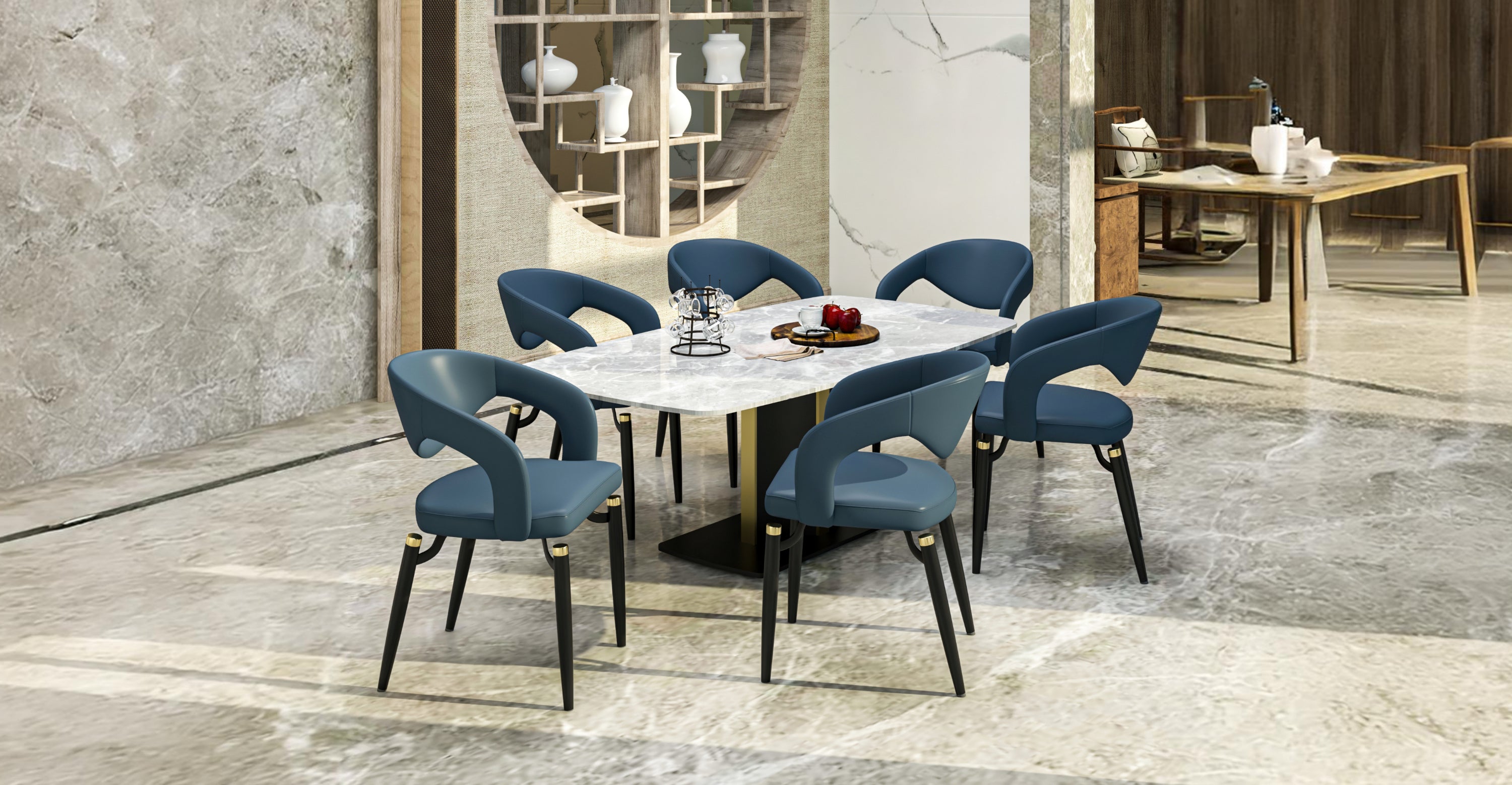 Entice Dining Chairs Upholstered Leather Seat and Curved Back in Black Iron Legs Blue