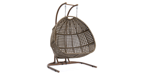 Wicker Hanging Double Egg Beige Swing Chair with an Iron Base Amber