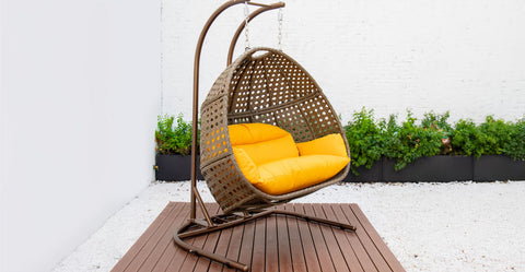 Wicker Hanging Double Egg Beige Swing Chair with an Iron Base Amber