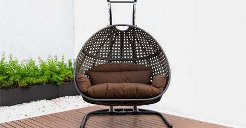 Wicker Hanging Double Egg Beige Swing Chair with an Iron Base Dark Brown