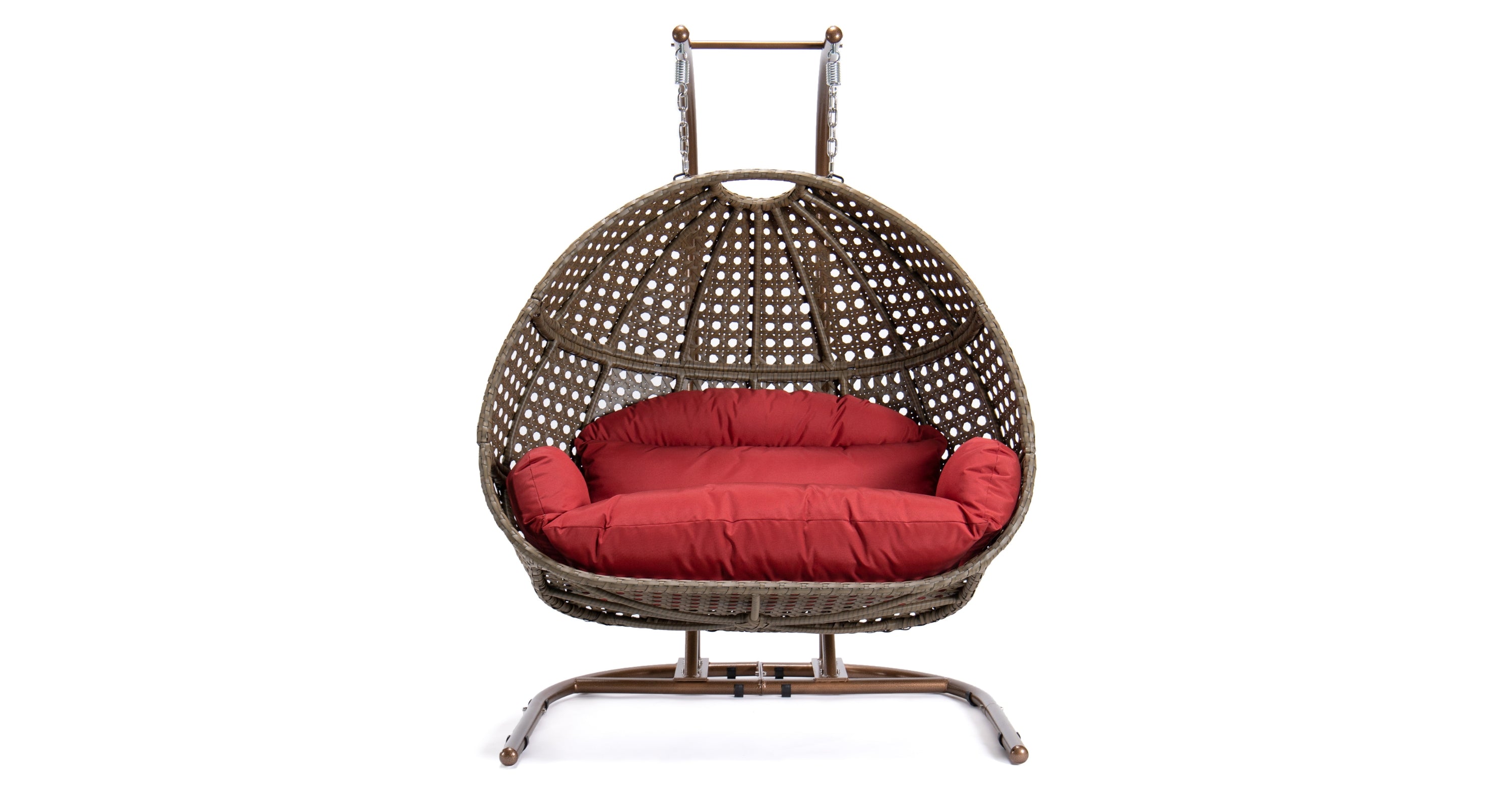 Wicker Hanging Double Egg Beige Swing Chair with an Iron Base Dark Red