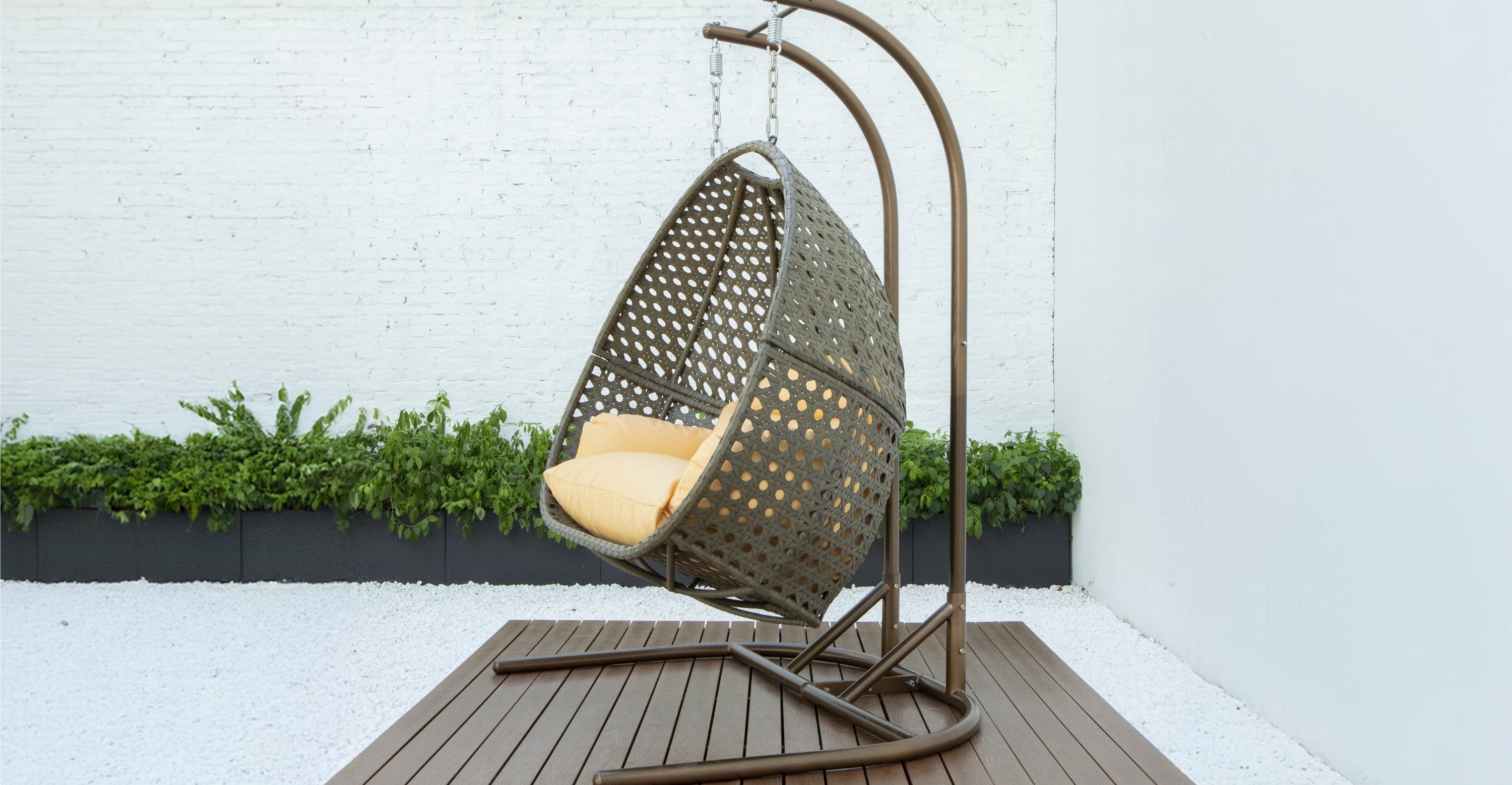 Wicker Hanging Double Egg Beige Swing Chair with an Iron Base Light Orange