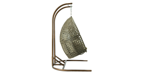 Wicker Hanging Double Egg Beige Swing Chair with an Iron Base Off-White