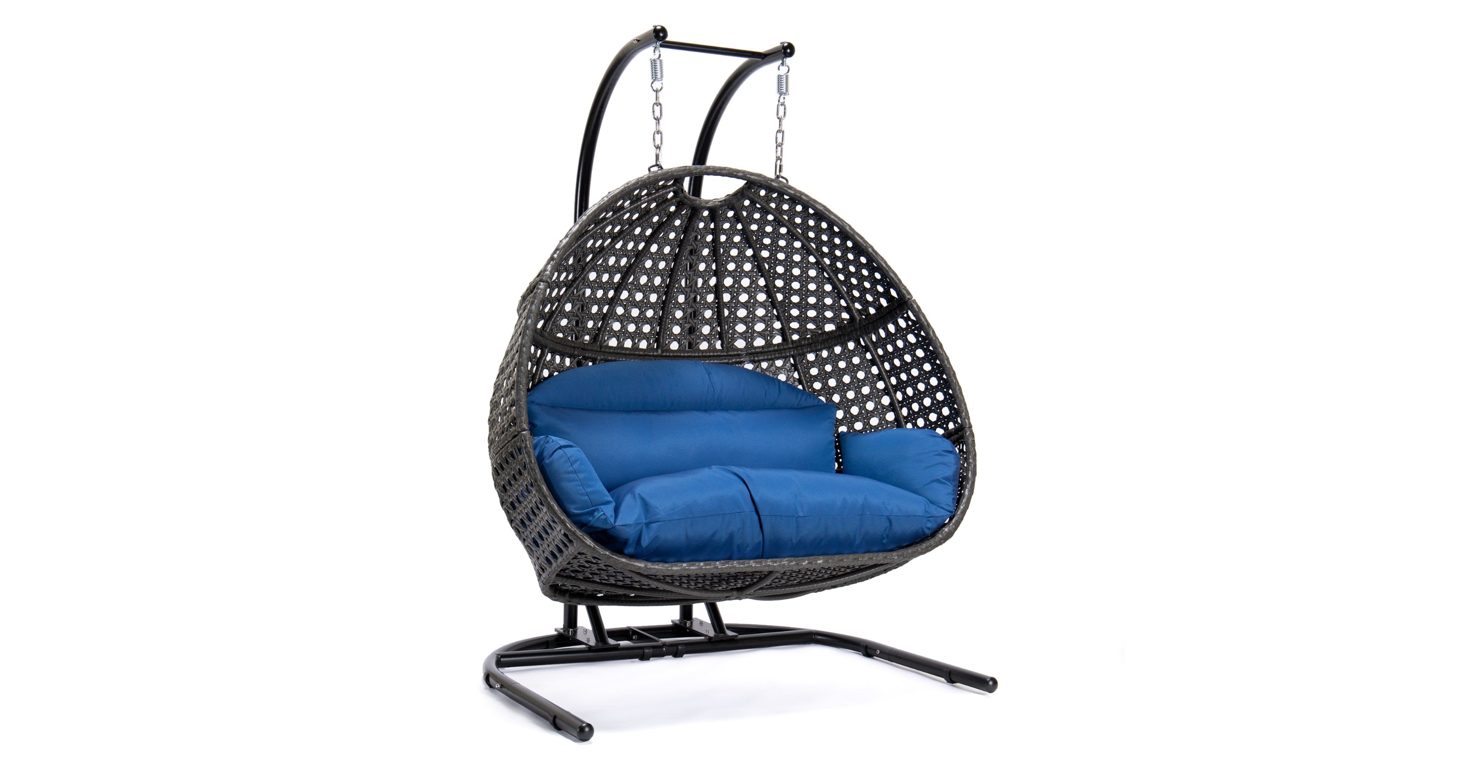 Wicker Hanging Double Egg Charcoal Swing Chair with an Iron Base Blue