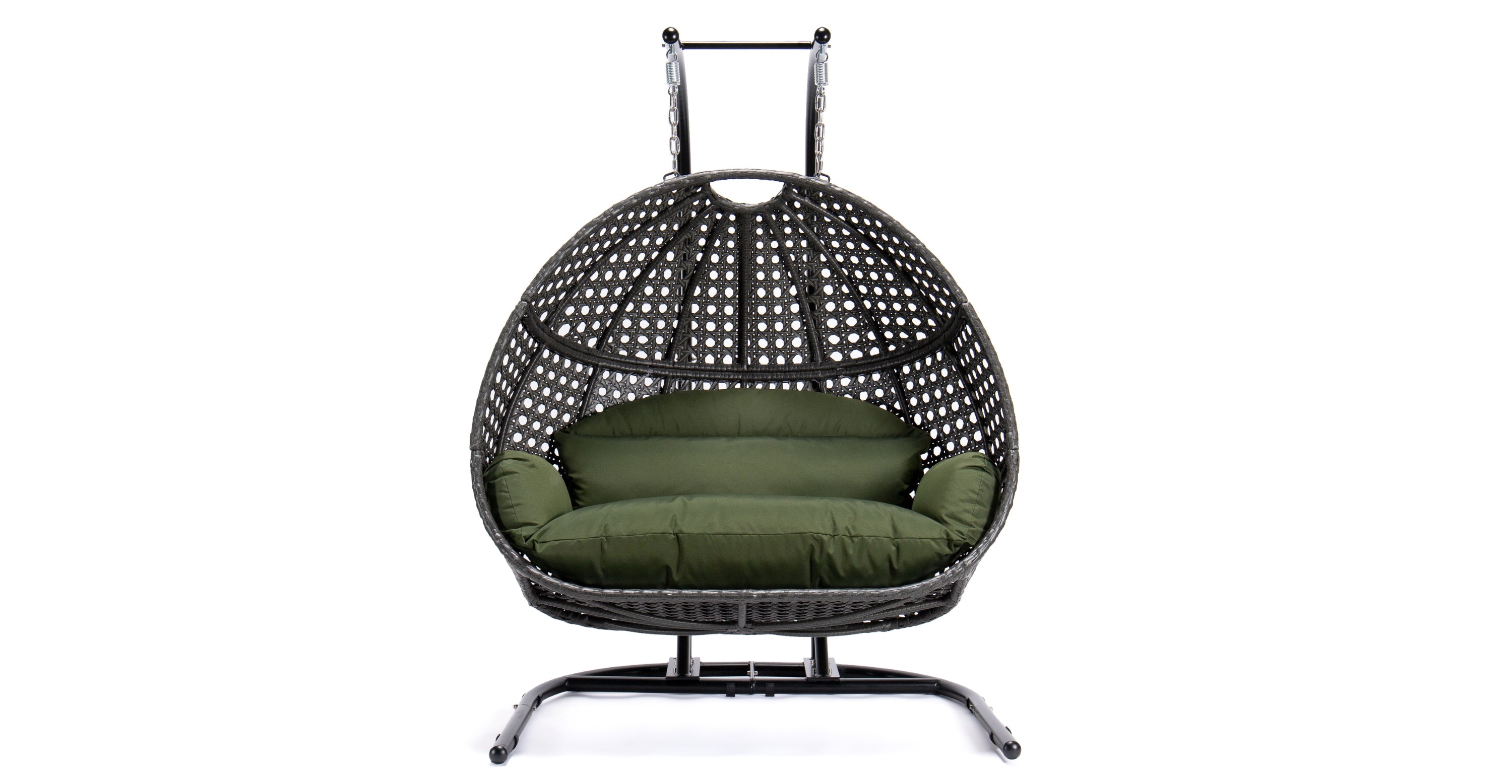 Wicker Hanging Double Egg Charcoal Swing Chair with an Iron Base Dark Green