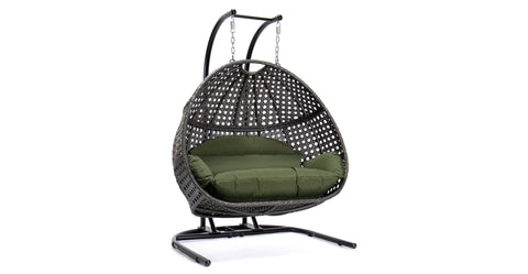 Wicker Hanging Double Egg Charcoal Swing Chair with an Iron Base Dark Green