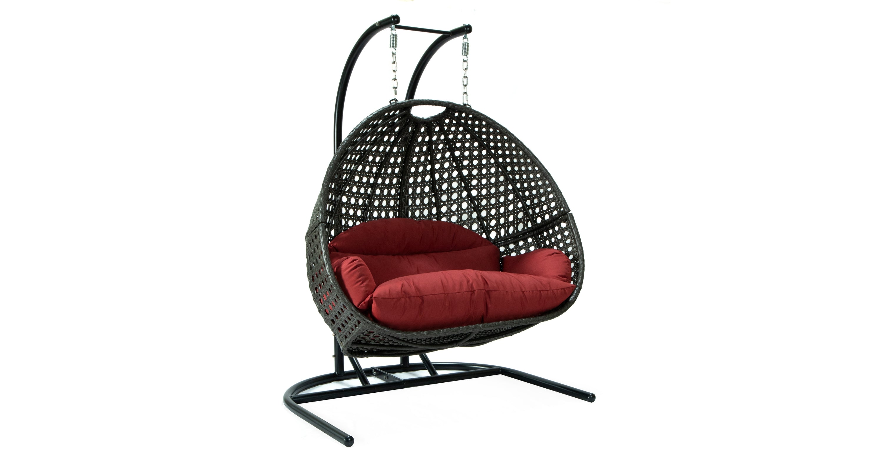 Wicker Hanging Double Egg Charcoal Swing Chair with an Iron Base Dark Red