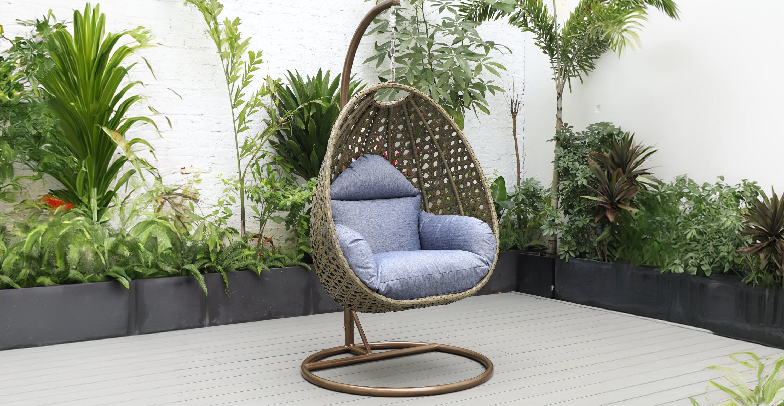 Beige Wicker Hanging Single Egg Swing Chair With Cushions Charcoal Blue