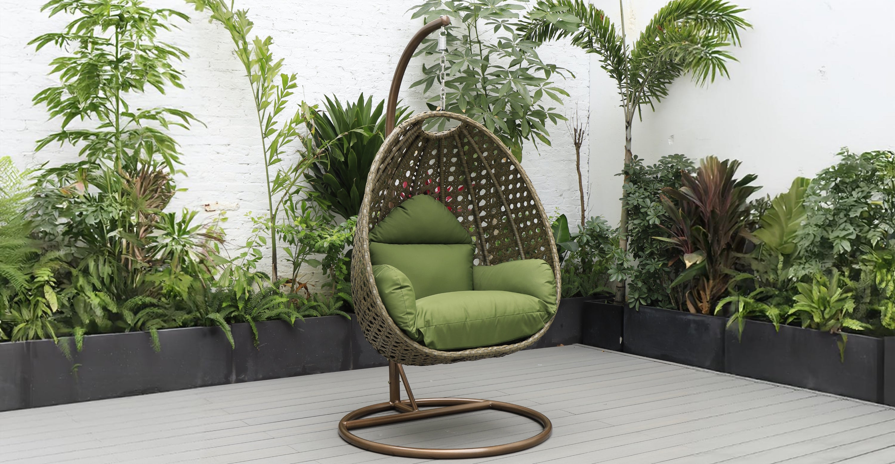 Beige Wicker Hanging Single Egg Swing Chair With Cushions Dark Green