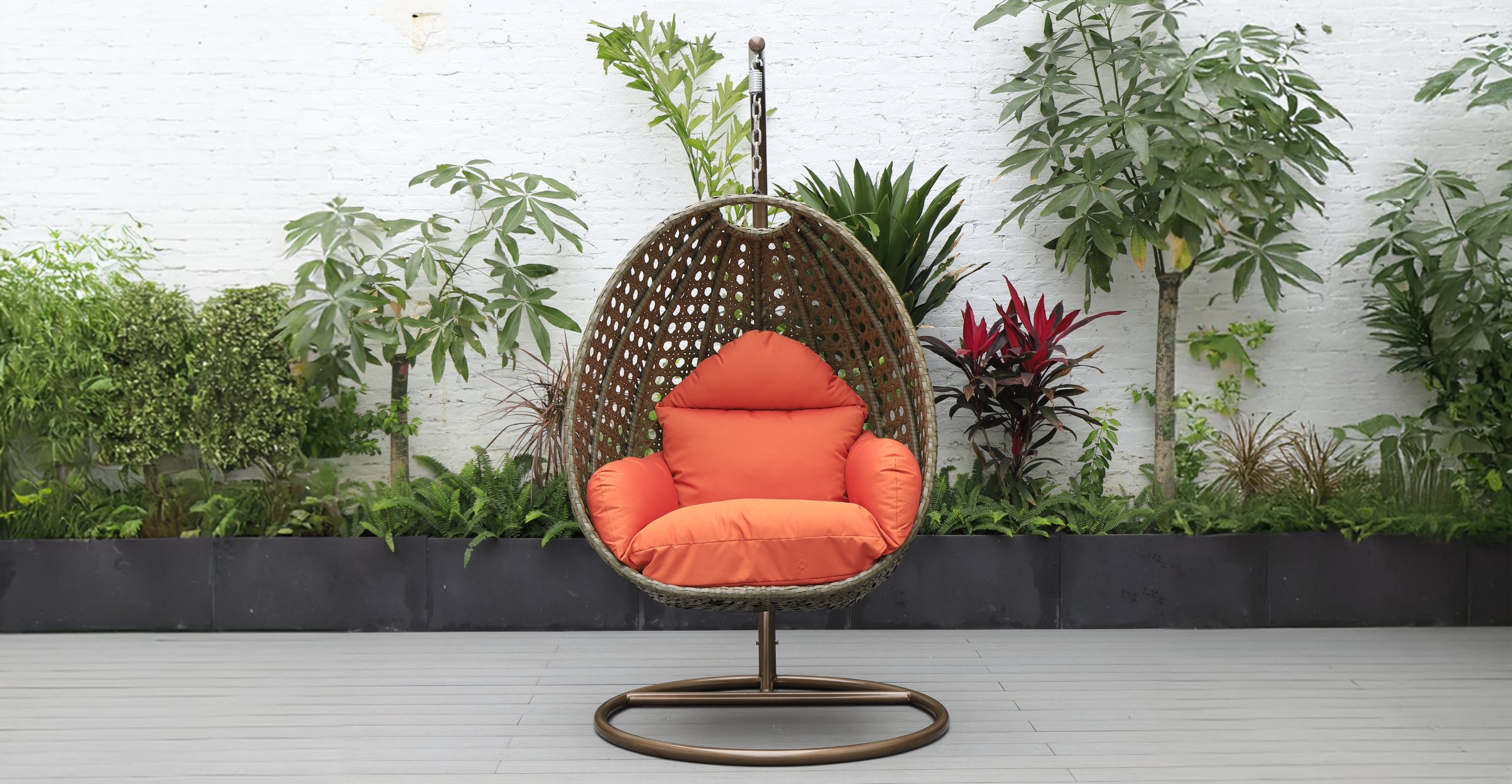 Beige Wicker Hanging Single Egg Swing Chair With Cushions Orange