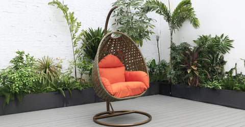 Beige Wicker Hanging Single Egg Swing Chair With Cushions Orange