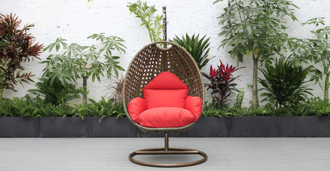 Beige Wicker Hanging Single Egg Swing Chair With Cushions Red