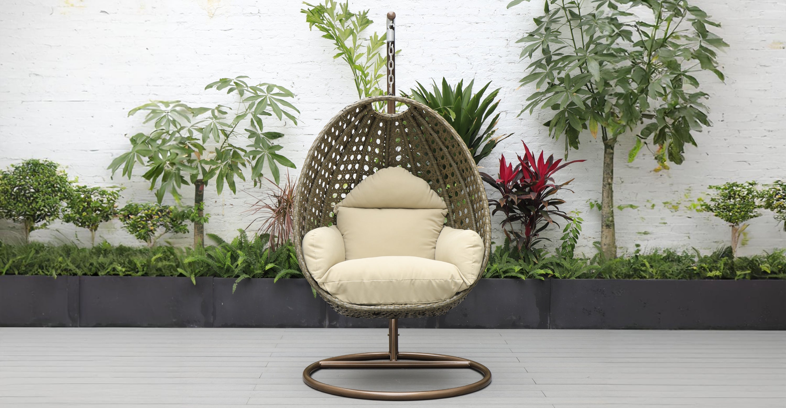 Beige Wicker Hanging Single Egg Swing Chair With Cushions Taupe