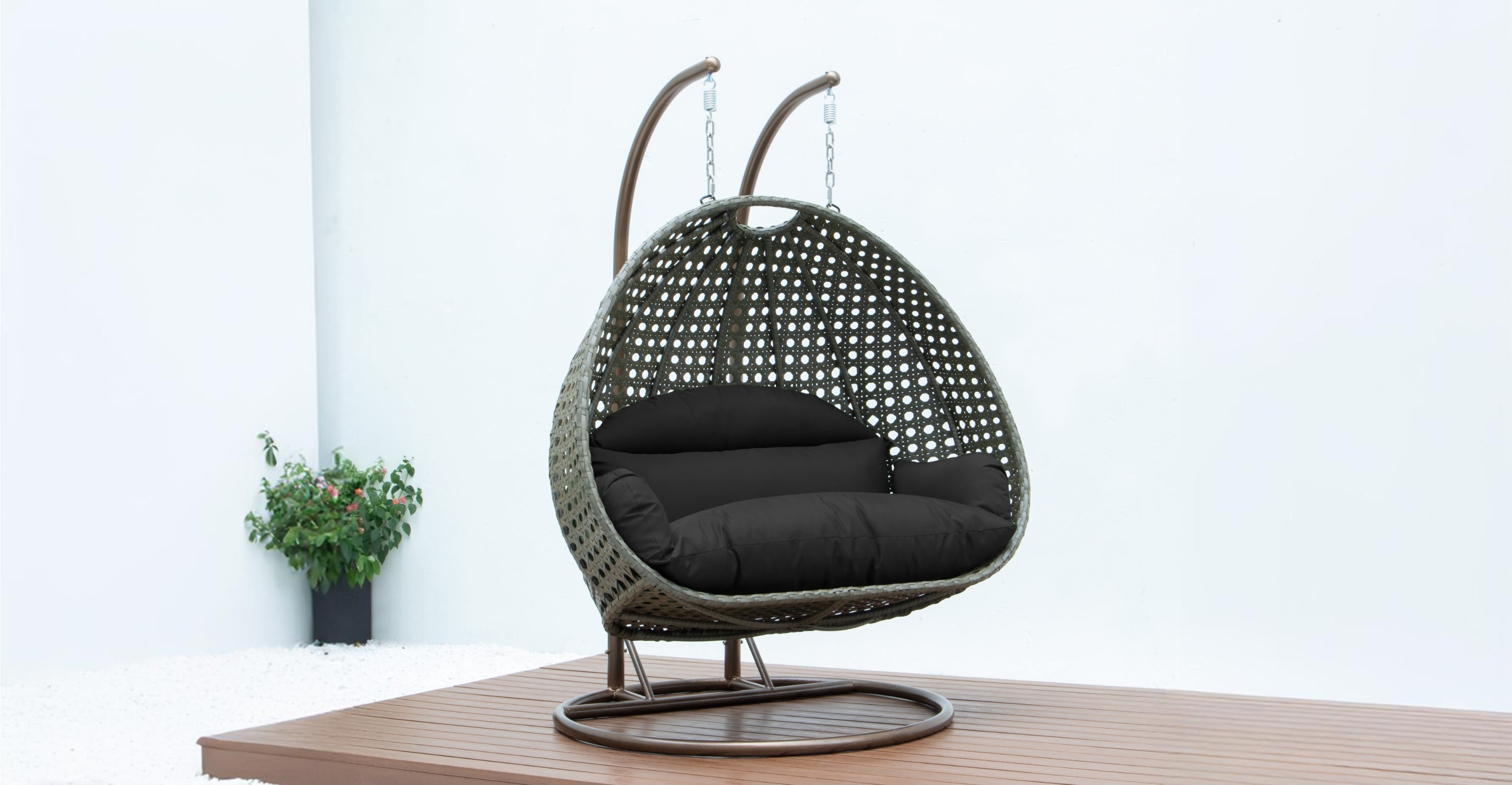 Modern Beige Wicker Hanging Double Seater Egg Swing Chair Black