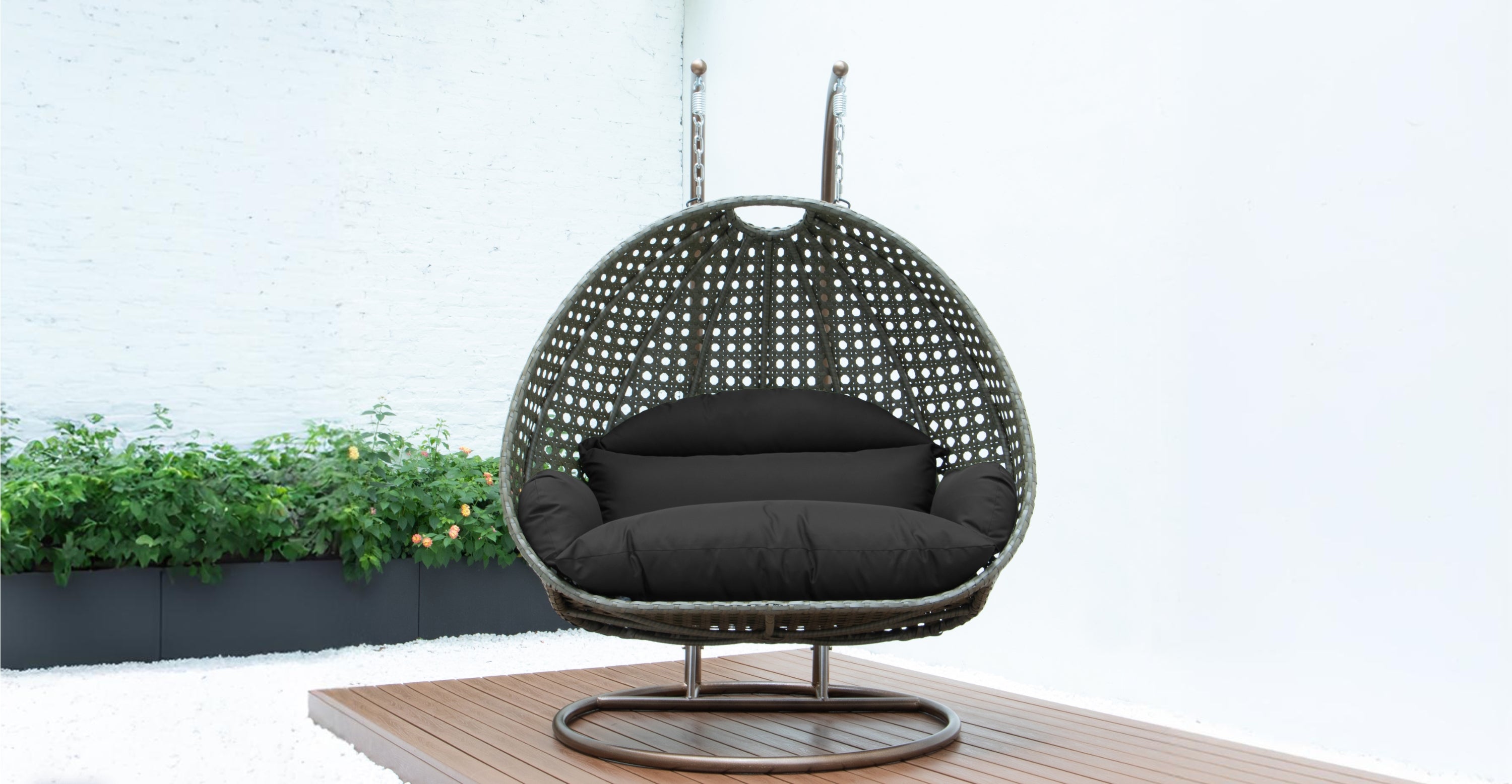 Modern Beige Wicker Hanging Double Seater Egg Swing Chair Black