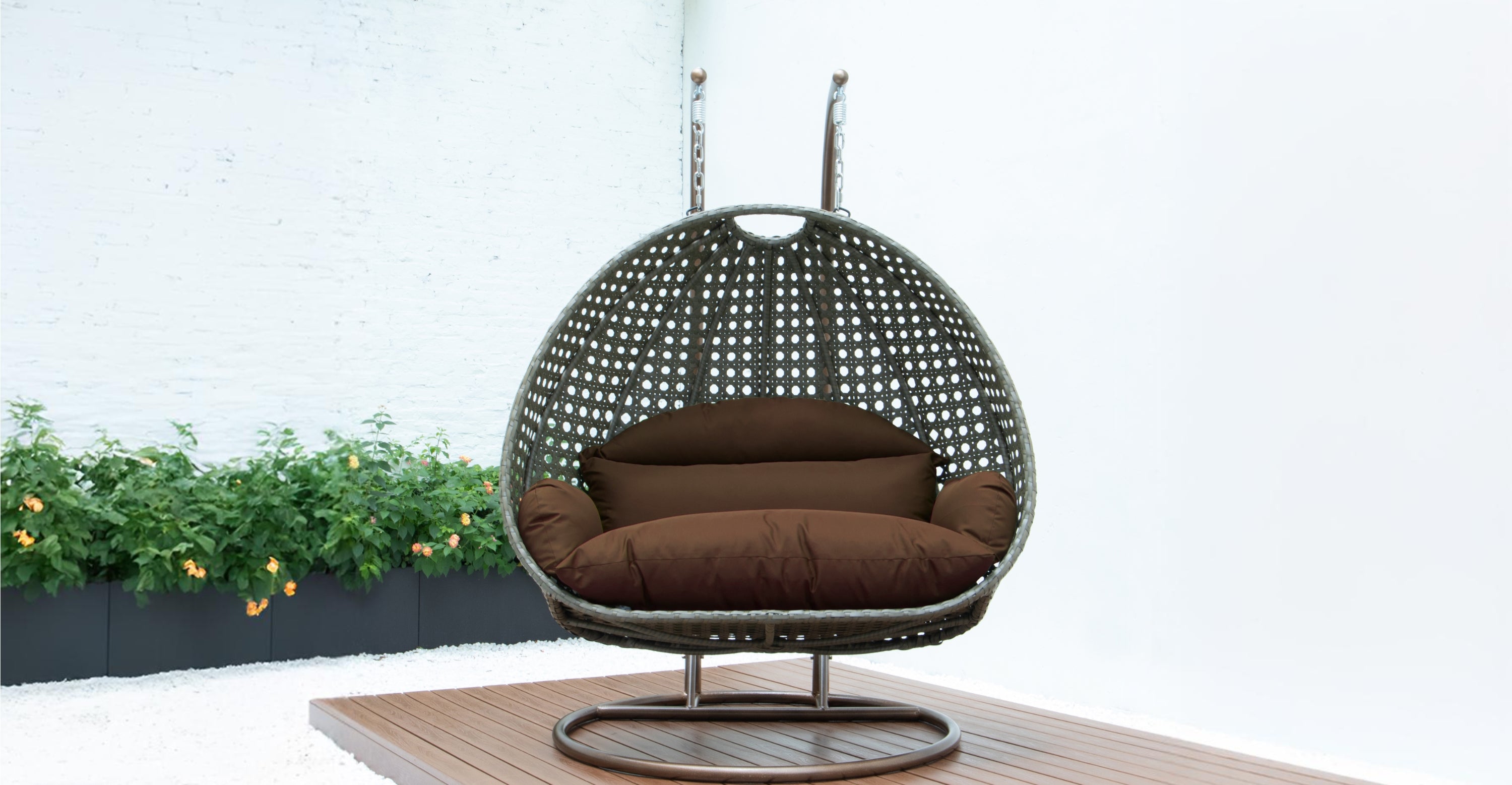 Modern Beige Wicker Hanging Double Seater Egg Swing Chair Brown