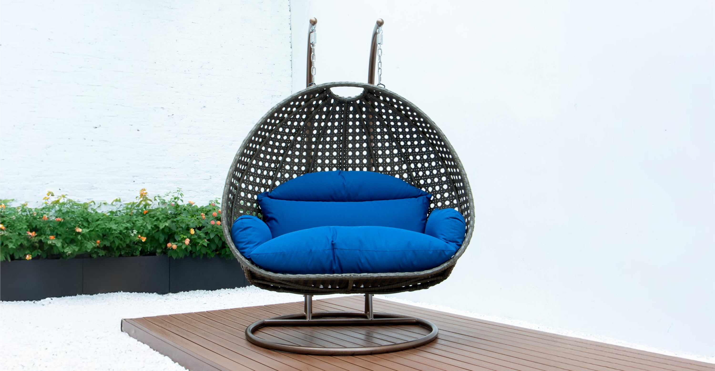 Modern Beige Wicker Hanging Double Seater Egg Swing Chair Blue