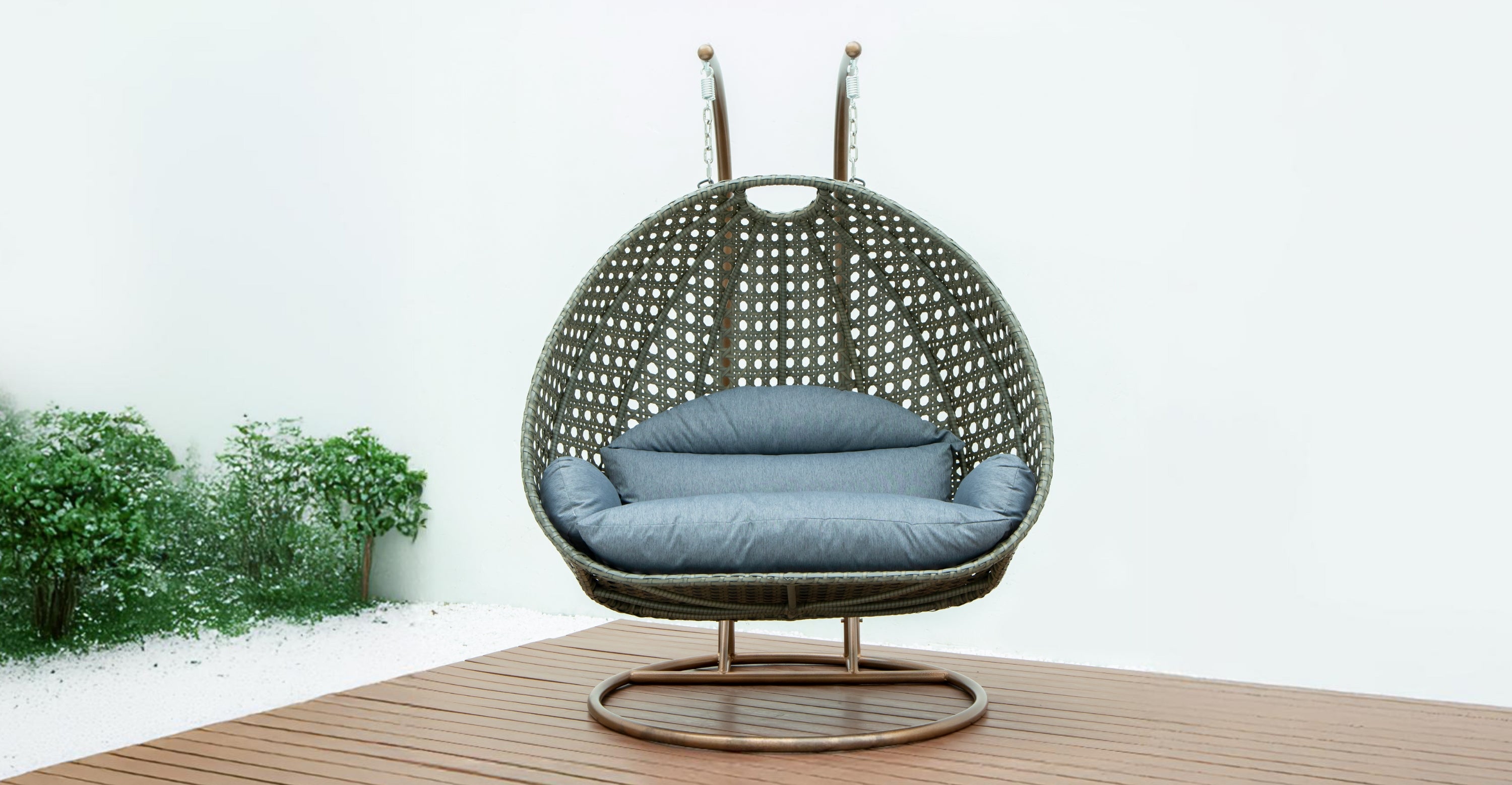 Modern Beige Wicker Hanging Double Seater Egg Swing Chair Charcoal Blue