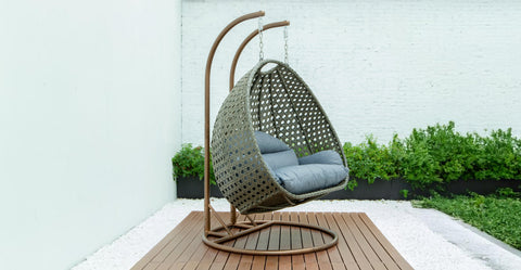 Modern Beige Wicker Hanging Double Seater Egg Swing Chair Charcoal Blue