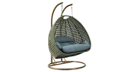 Modern Beige Wicker Hanging Double Seater Egg Swing Chair Charcoal Blue