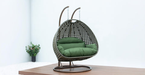 Modern Beige Wicker Hanging Double Seater Egg Swing Chair Dark Green