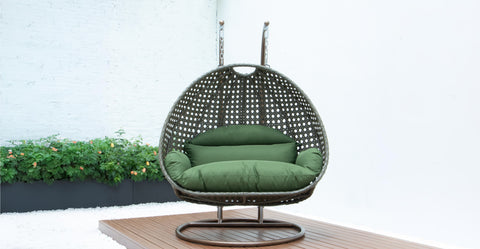 Modern Beige Wicker Hanging Double Seater Egg Swing Chair Dark Green