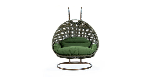 Modern Beige Wicker Hanging Double Seater Egg Swing Chair Dark Green