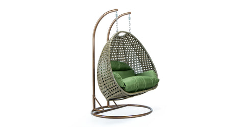 Modern Beige Wicker Hanging Double Seater Egg Swing Chair Dark Green