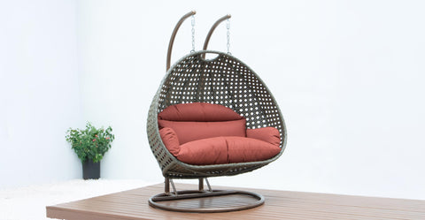 Modern Beige Wicker Hanging Double Seater Egg Swing Chair Dark Orange