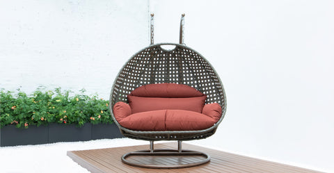 Modern Beige Wicker Hanging Double Seater Egg Swing Chair Dark Orange