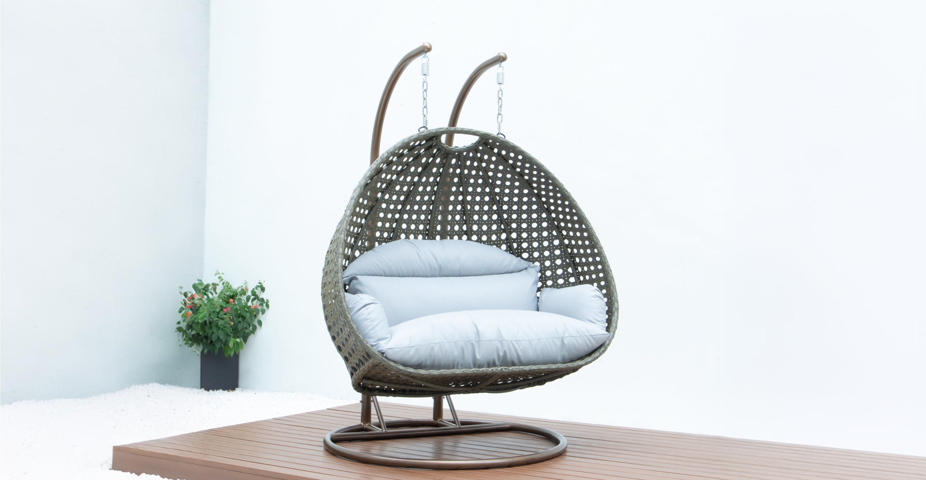 Modern Beige Wicker Hanging Double Seater Egg Swing Chair Light Grey