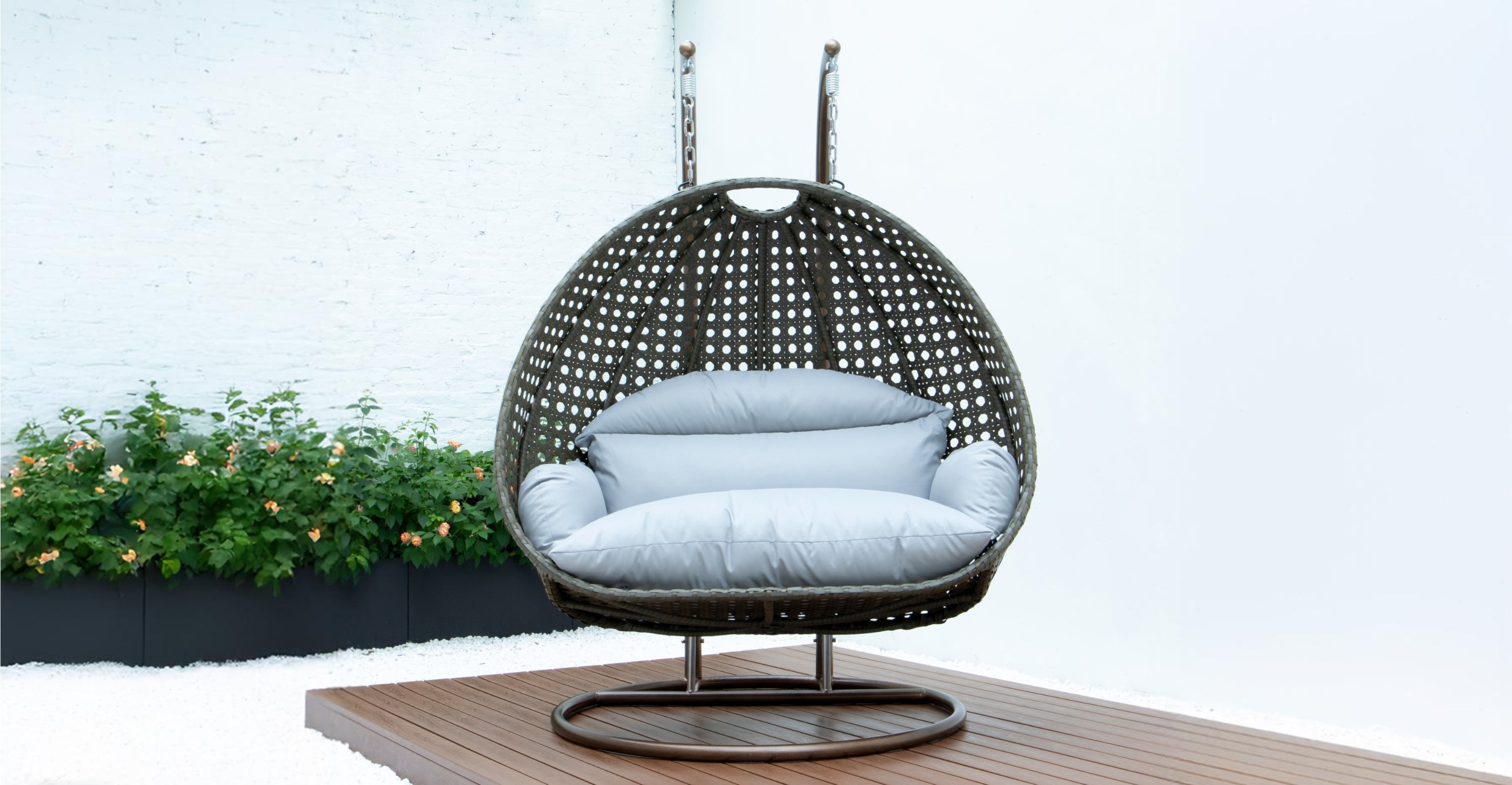 Modern Beige Wicker Hanging Double Seater Egg Swing Chair Light Grey