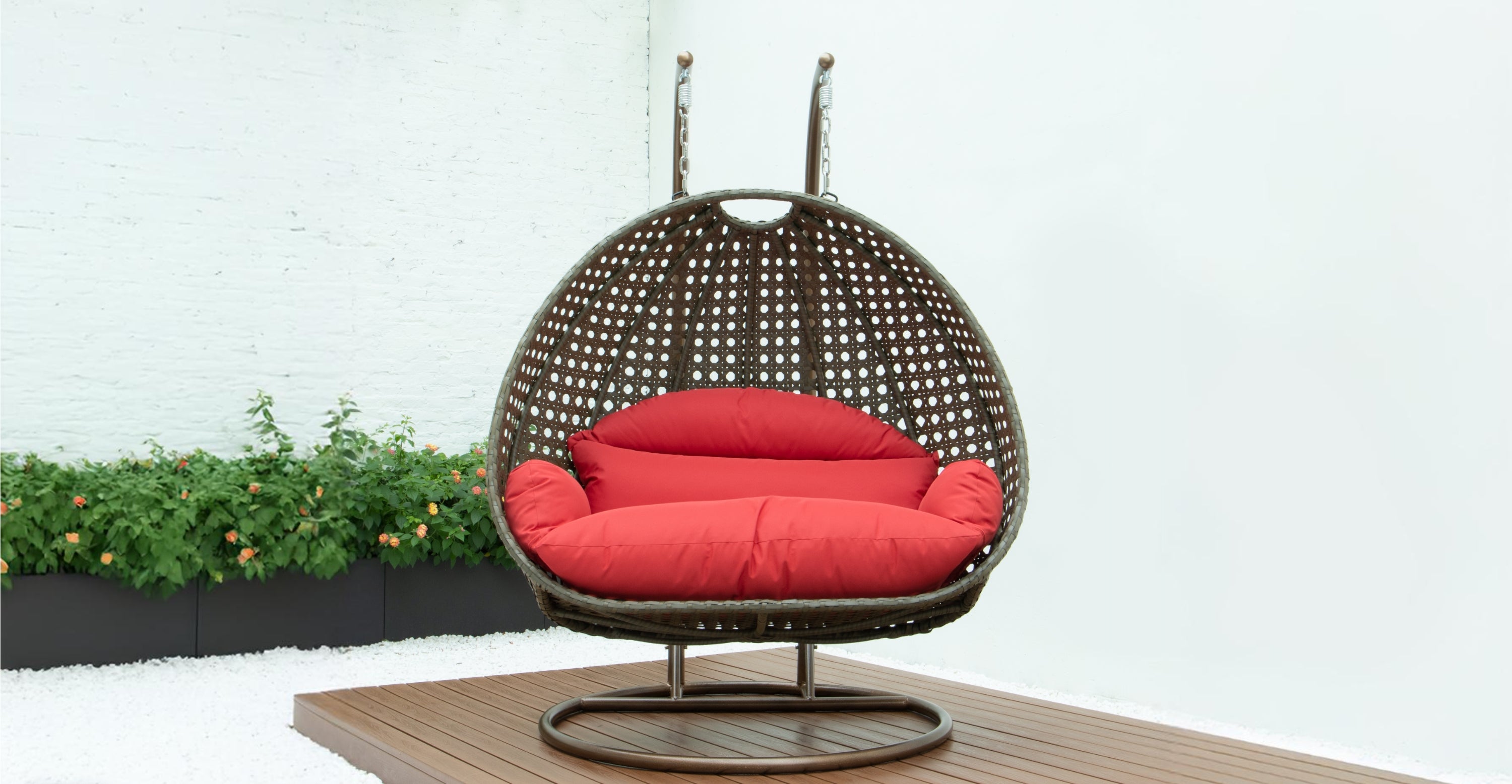 Modern Beige Wicker Hanging Double Seater Egg Swing Chair Red