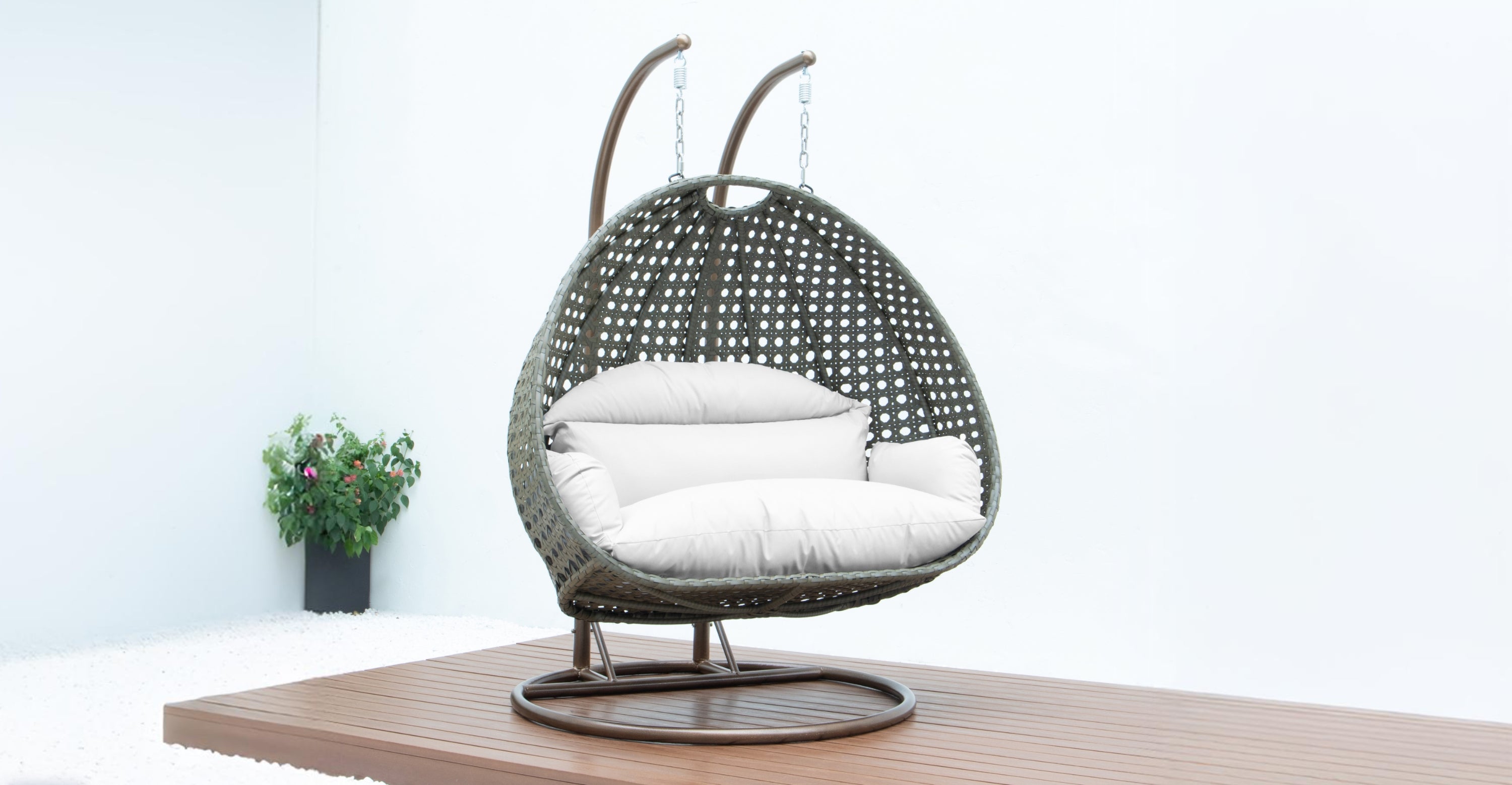 Modern Beige Wicker Hanging Double Seater Egg Swing Chair White