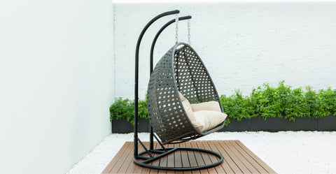 Modern Charcoal Wicker Hanging Double Seater Egg Swing Chair Beige