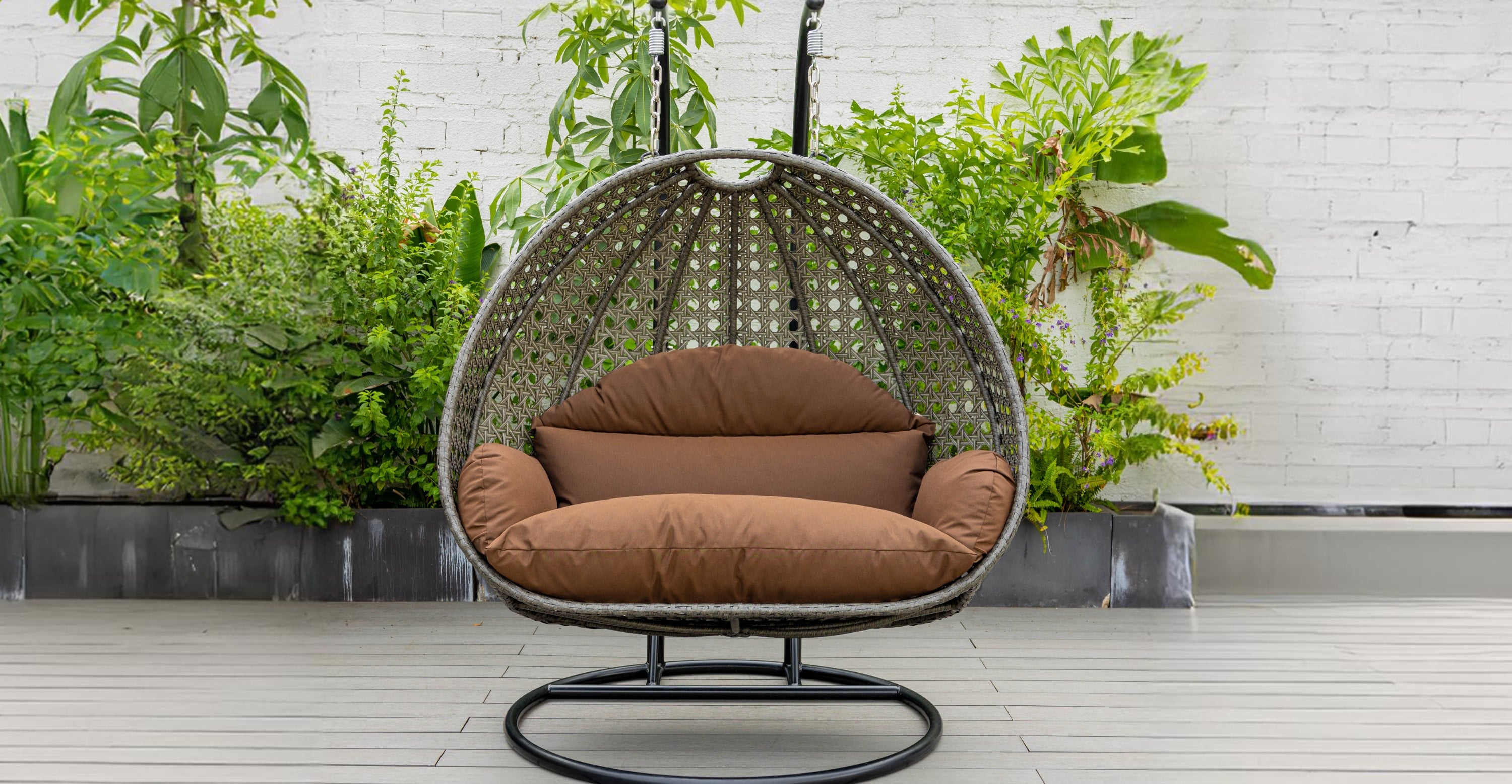 Modern Charcoal Wicker Hanging Double Seater Egg Swing Chair Brown