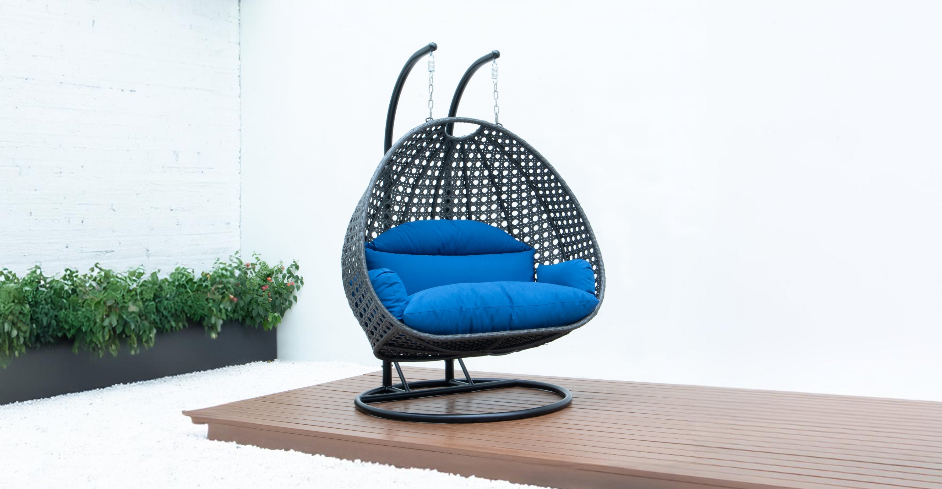 Modern Charcoal Wicker Hanging Double Seater Egg Swing Chair Blue