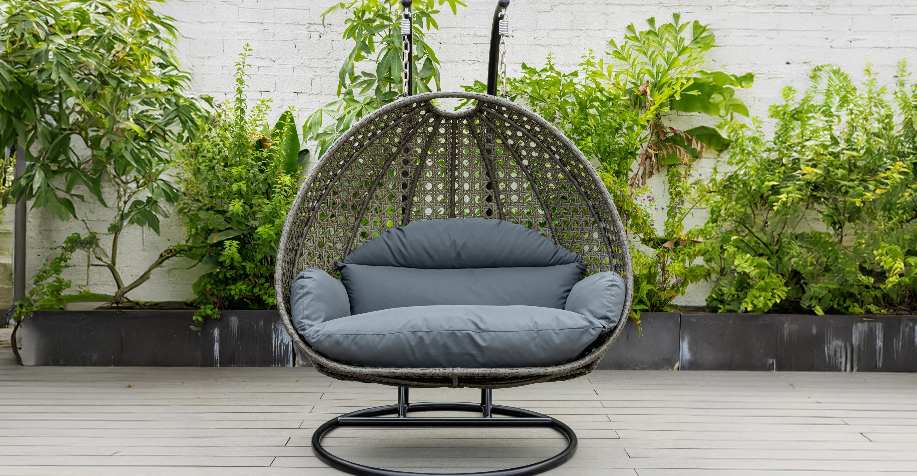 Modern Charcoal Wicker Hanging Double Seater Egg Swing Chair Dark Grey