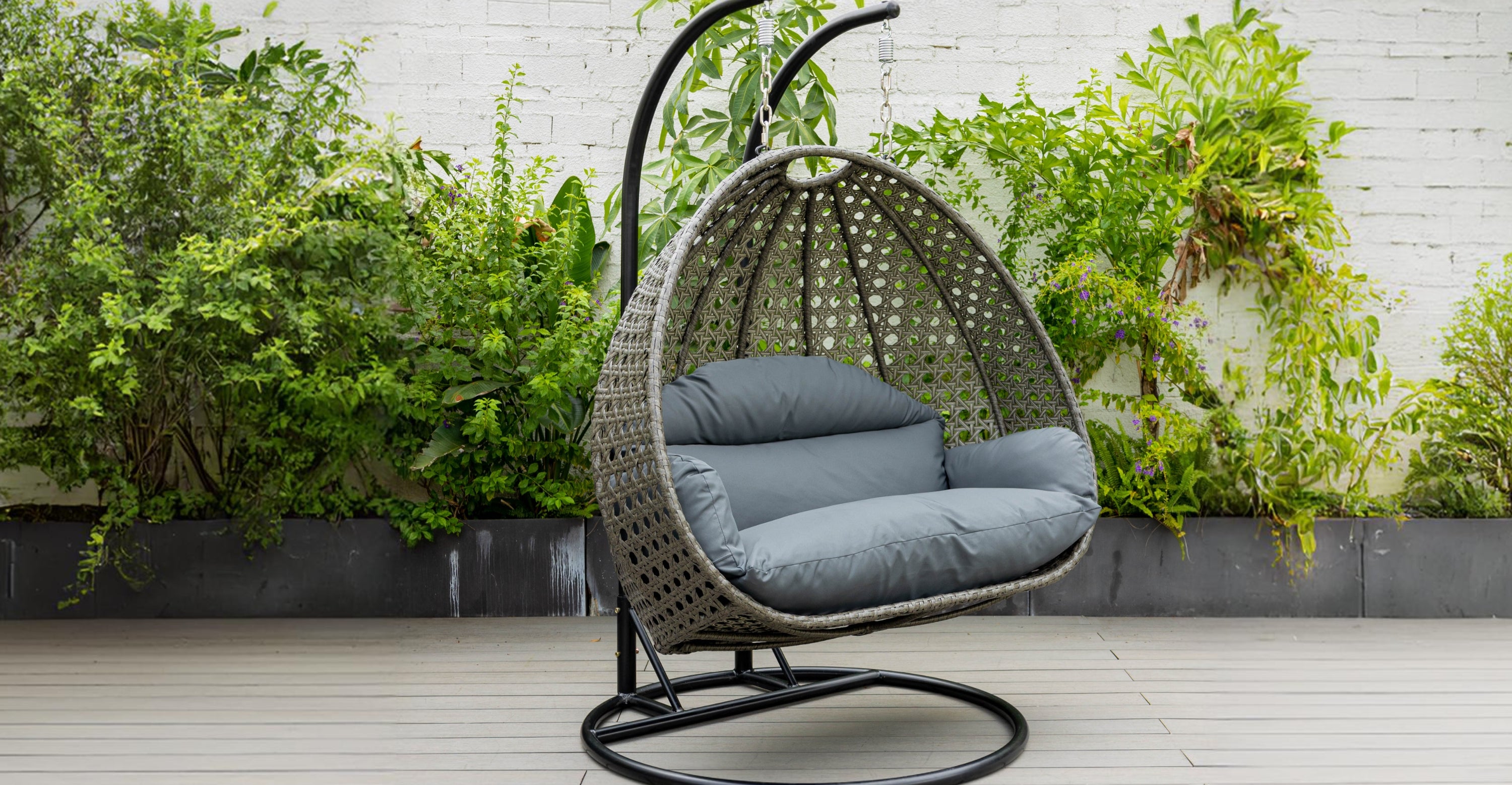 Modern Charcoal Wicker Hanging Double Seater Egg Swing Chair Dark Grey