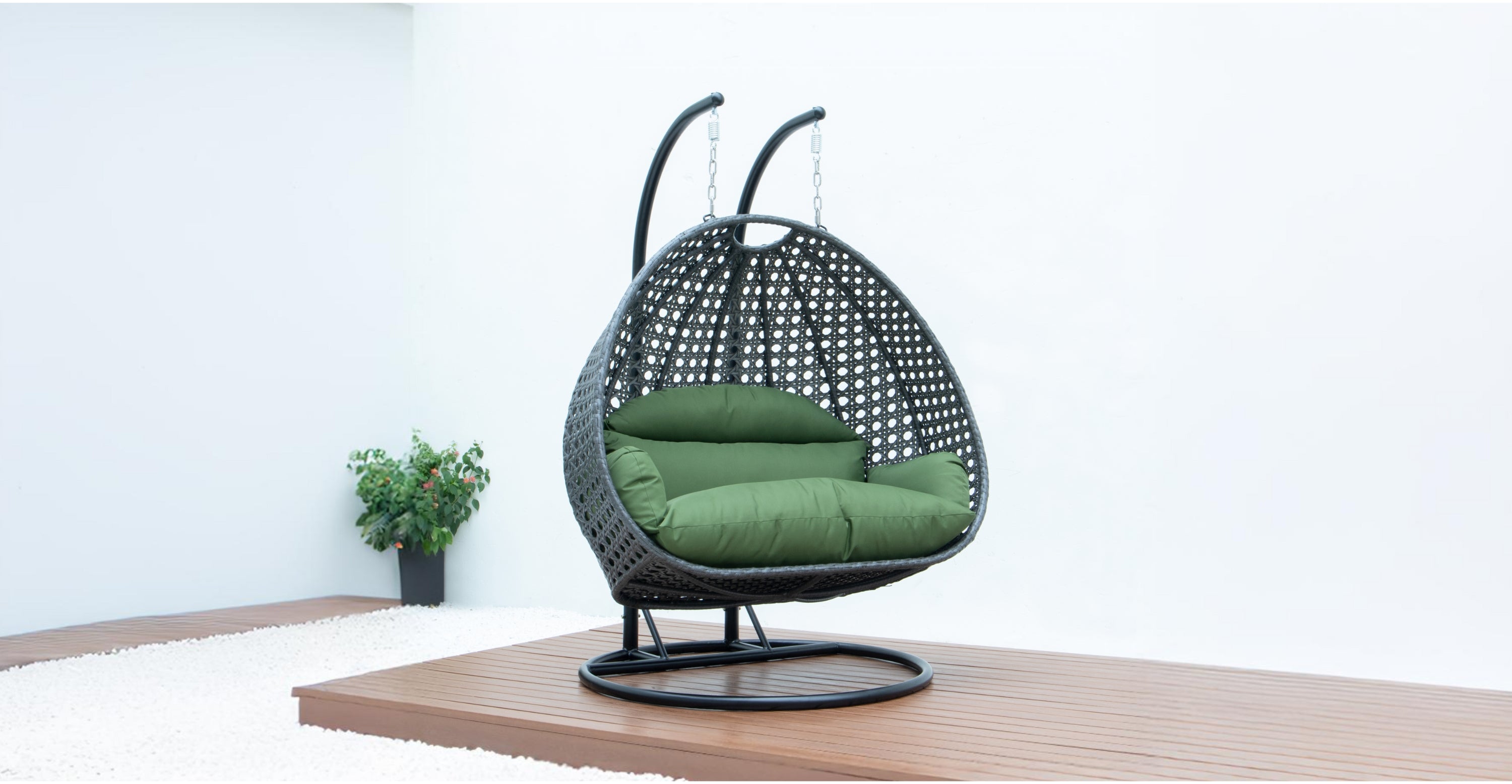 Modern Charcoal Wicker Hanging Double Seater Egg Swing Chair Dark Green