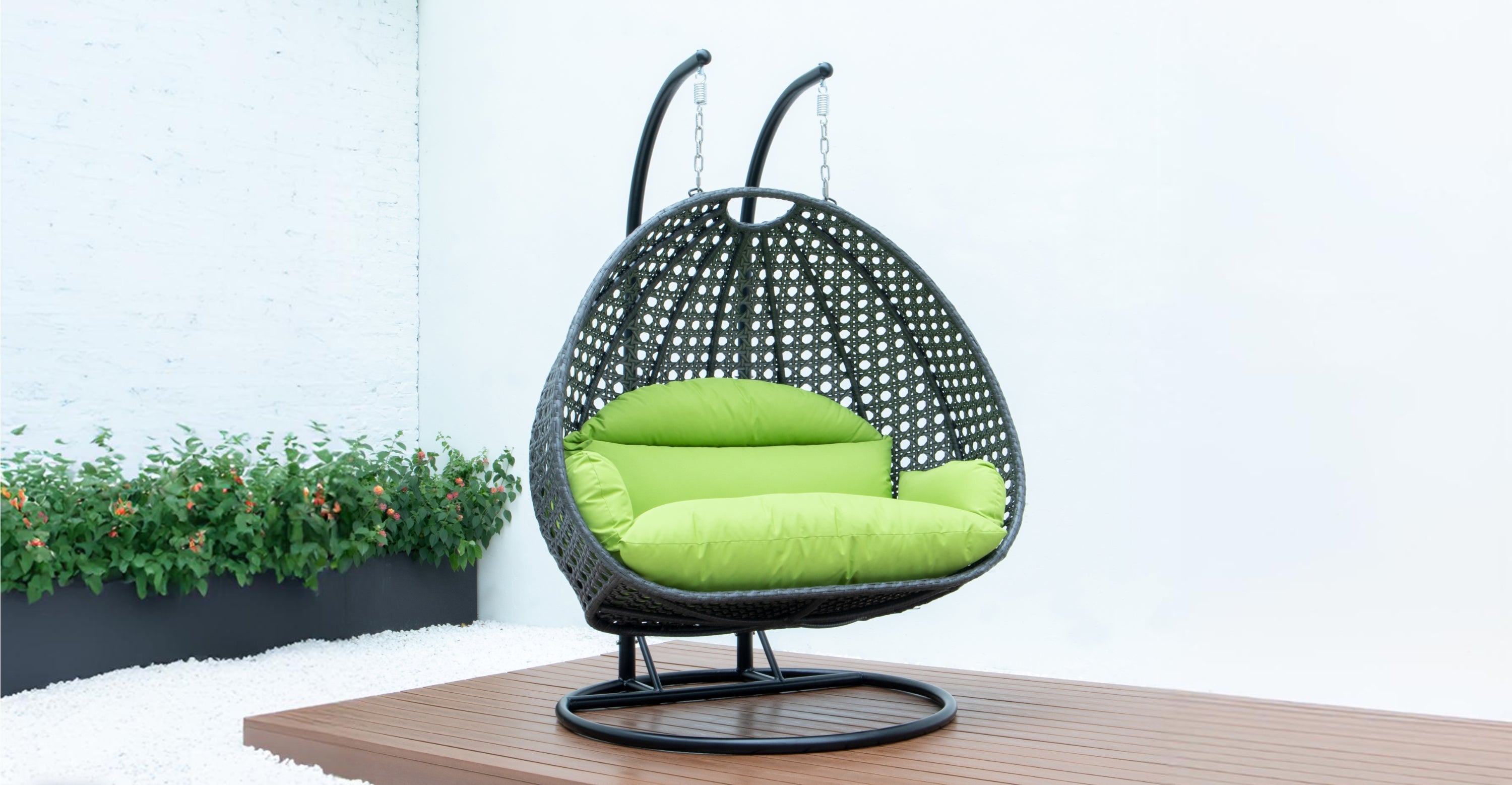 Modern Charcoal Wicker Hanging Double Seater Egg Swing Chair Light Green