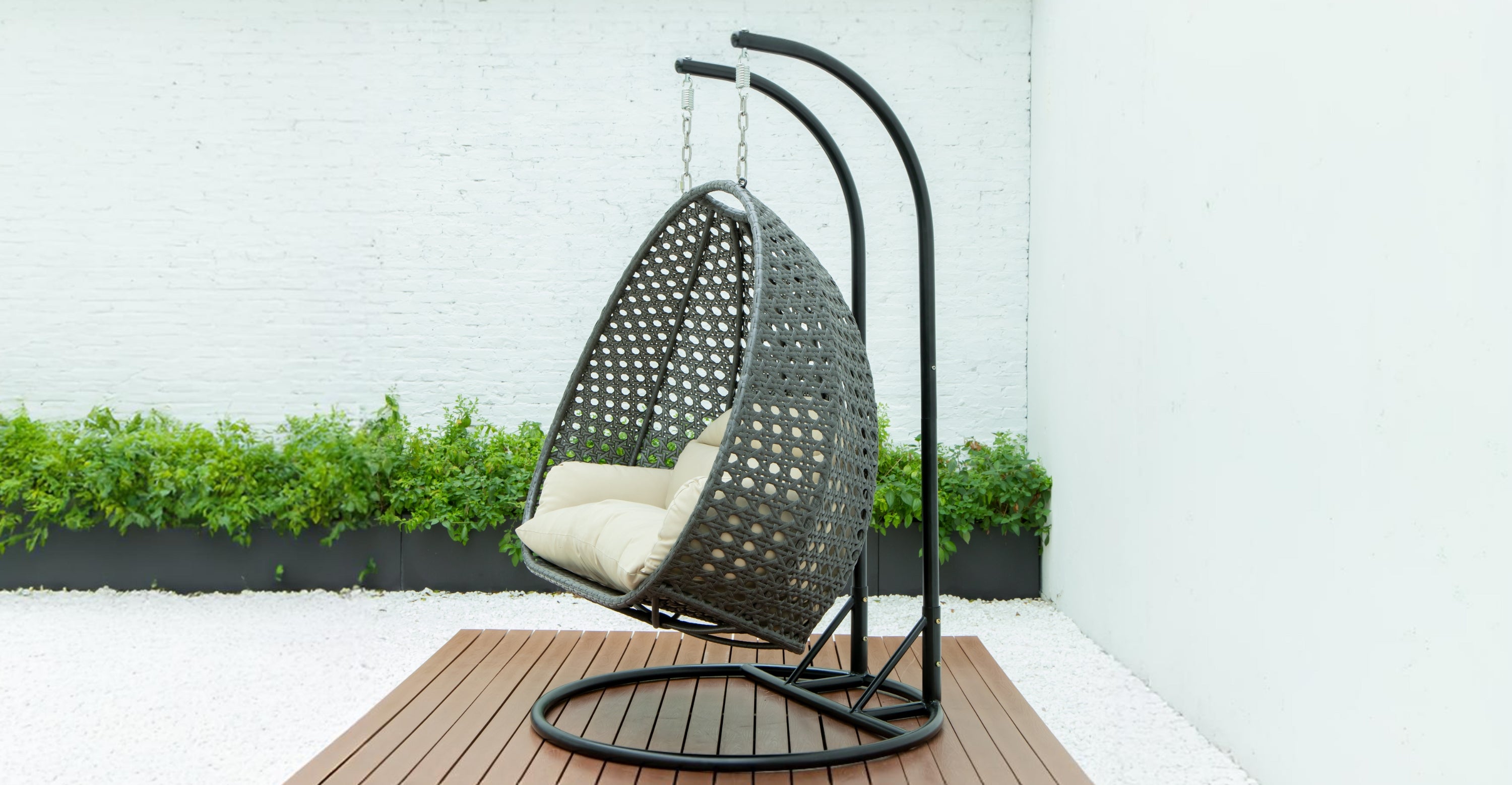 Modern Charcoal Wicker Hanging Double Seater Egg Swing Chair Taupe