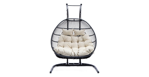 Wicker 2 Person Double Folding Hanging Egg Swing Chair Beige