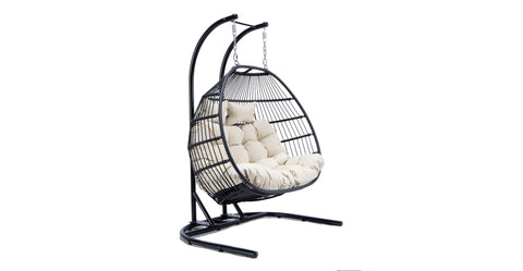 Wicker 2 Person Double Folding Hanging Egg Swing Chair Beige