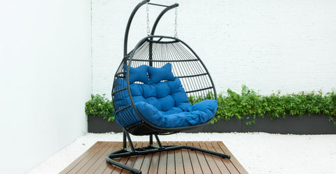 Wicker 2 Person Double Folding Hanging Egg Swing Chair Blue